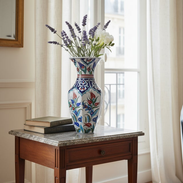 2020s Handmade Ceramic Faceted Vase (25cm) – Red Tulips & Blue Rumi Arches – Hexagonal Form For Sale - Image 5 of 7