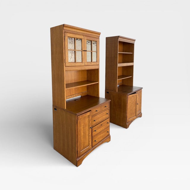 1990s Pair of Cottage Style Oak Hutch Cabinets With Glass Doors For Sale In Los Angeles - Image 6 of 18