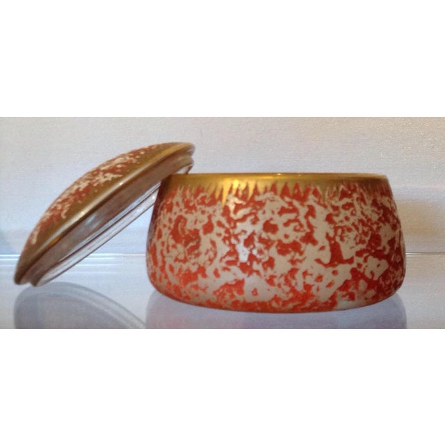 Old beautiful oval glass with lid trinket box. Hand painted with texture of dark orange and gold paint. In very good...