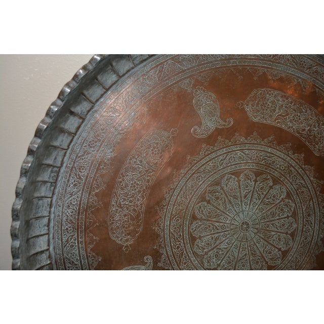 Moroccan Vintage Middle Eastern Large Ornate Metal / Copper Fluted Edge Chai Tea Tray / Wall Decor For Sale - Image 3 of 14