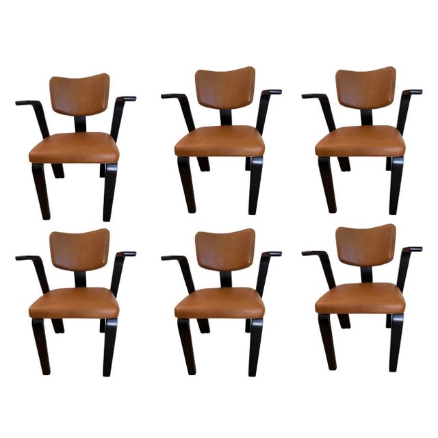 Set of 6 Mid-Century “Thonet” Ebony Wood Arm Chairs in Brown Upholstery For Sale In Palm Springs - Image 6 of 6
