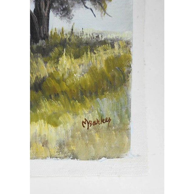 Small mid 20th century impressionist oil on canvas painting of lone tree and cactus landscape by Margie Barker (Born 1936)...