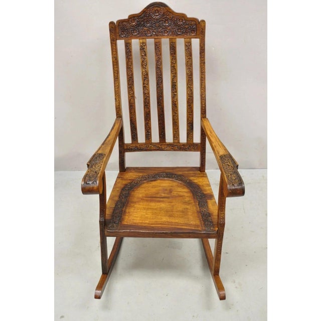 Vintage Anglo Indian Carved Teak Wood Rocking Chair Rocker For Sale - Image 12 of 12