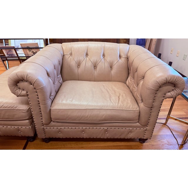 Early 21st Century Bernhardt Tan Leather Tufted Chesterfield Club Chair and Ottoman For Sale - Image 5 of 6