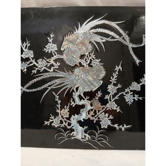 Exotic Vintage Asian Mother Of Pearl Inlay Lacquer Wall Hanging Panel Peacock Phoenix Bird 15" x 11" Black lacquered panel...