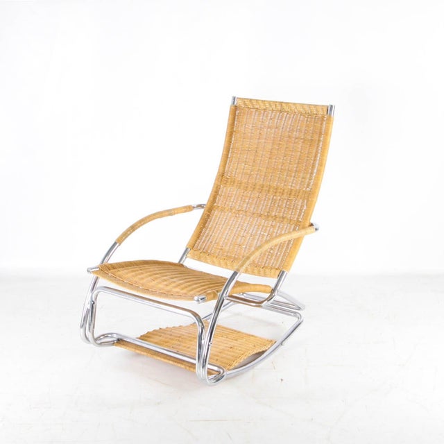 Light Yellow Wicker and Chrome Chaise Longue, 1970s For Sale - Image 8 of 17