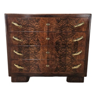 Art Deco Walnut Burl Chest of Drawers with Black Glass Top and Brass Handles, 1940 For Sale