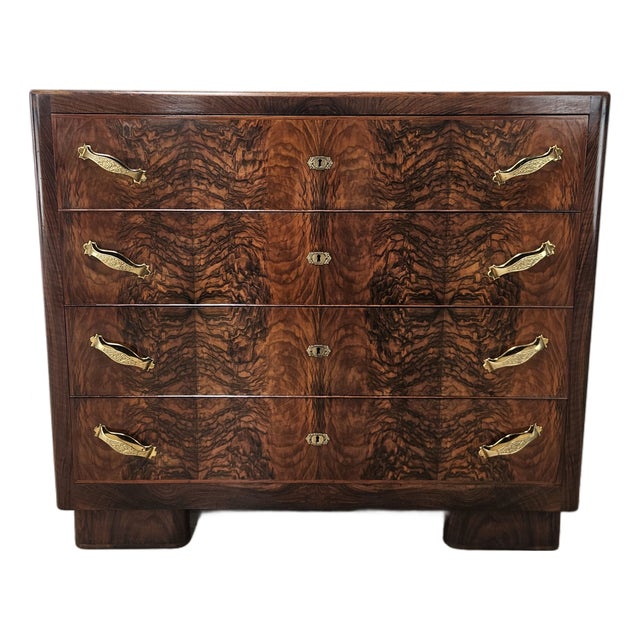 Art Deco Walnut Burl Chest of Drawers with Black Glass Top and Brass Handles, 1940 For Sale