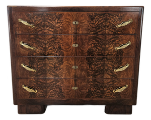 Art Deco Walnut Burl Chest of Drawers with Black Glass Top and Brass Handles, 1940