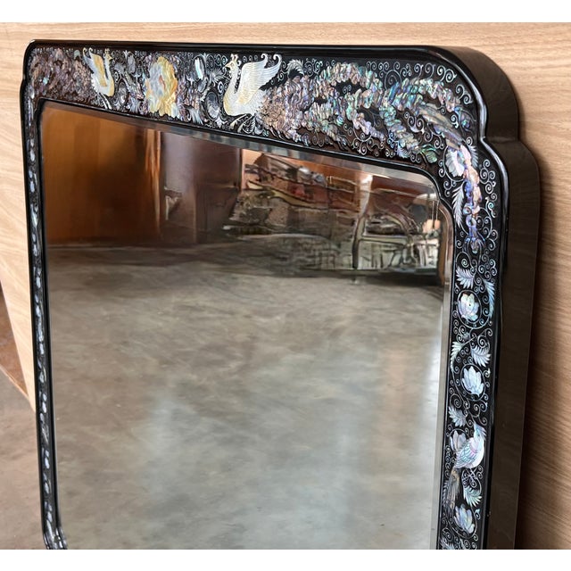 Chinese Export Black Lacquered Mirror With Inlays For Sale - Image 4 of 8