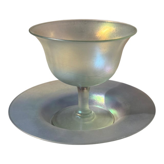 Carder Steuben Verre De Soi Iridescent Art Glass Footed Bowl & Underplate For Sale