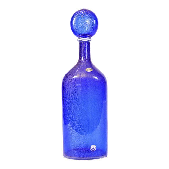 Vintage Cobalt Blue Murano Glass With Gold Flecks Decanter For Sale