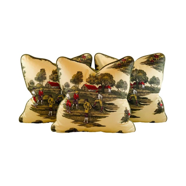 Designer Ronald Redding York Textiles Brown Green Purple Red Yellow Country Club Golfing Toile Pillow Covers- 3 Pc Set For Sale In Jacksonville, FL - Image 6 of 6