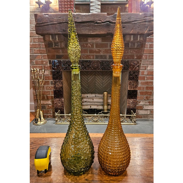 Pair of Vintage Glass Genie Bottles - Amber Diamond and Green Hobnail For Sale - Image 4 of 15