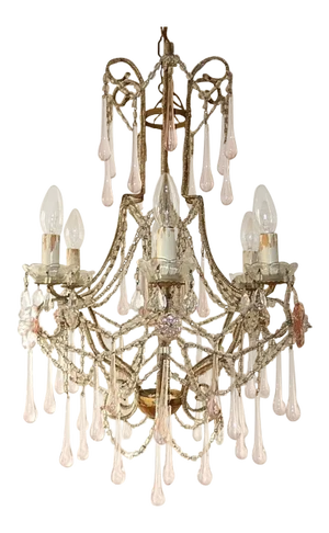 French Beaded Pink Drops and Flowers Chandelier