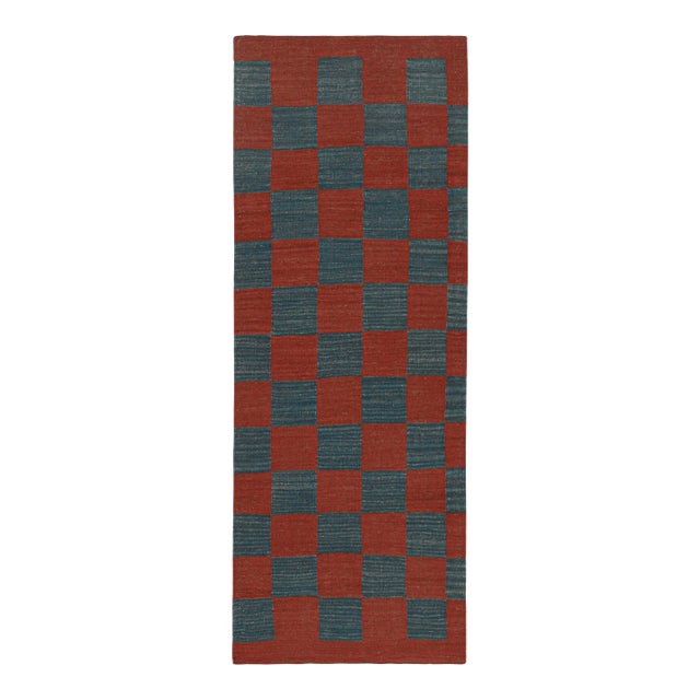 1950s Vintage Persian Kilim Runner in Red & Blue Checkerboard Pattern by Rug & Kilim For Sale