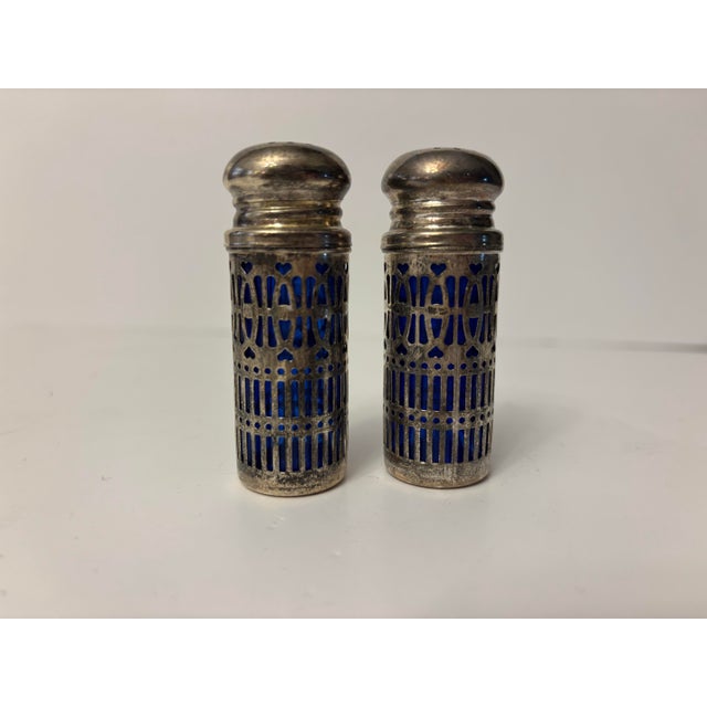 Art Deco Mid 20th Century Collection of Vintage Cobalt Blue Glass Salt and Pepper Shakers With Silverplate Filigree For Sale - Image 3 of 11