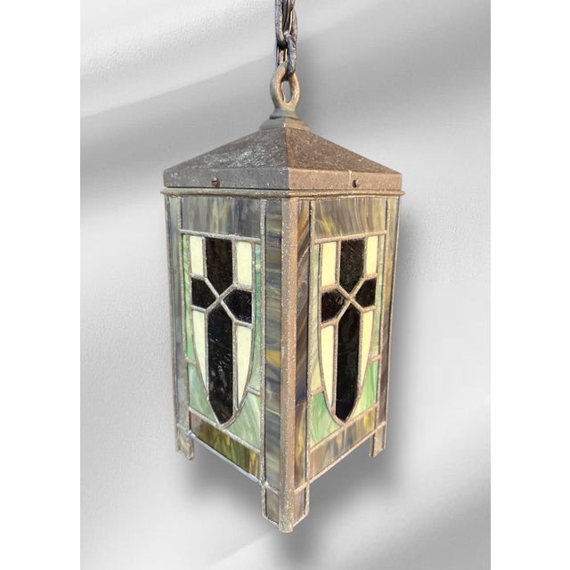 1910s Arts and Crafts Leaded Glass Chandelier For Sale - Image 9 of 10