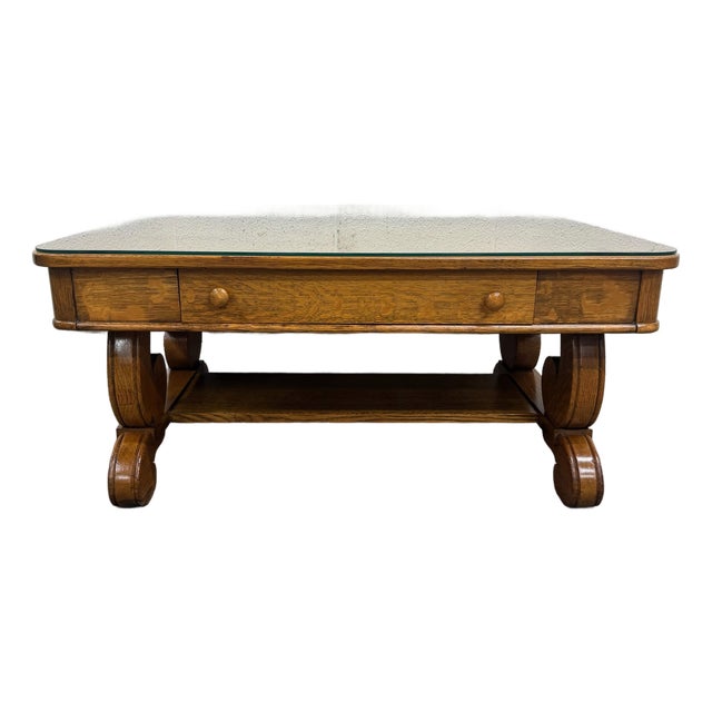 Antique 1920s-1930s Empire Tiger Oak Coffee Table Cocktail Table For Sale