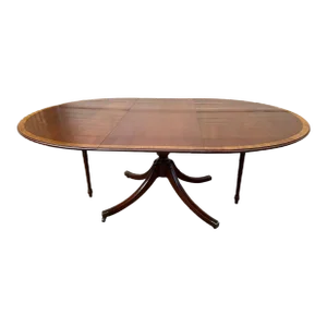 Baker Furniture Georgian Style Banded Wood Pedestal Extension Oval Dining Table With Leaf