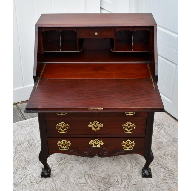 Antique Carved & Inlaid Mahogany French Style Ladies Slant Front Desk For Sale - Image 10 of 12