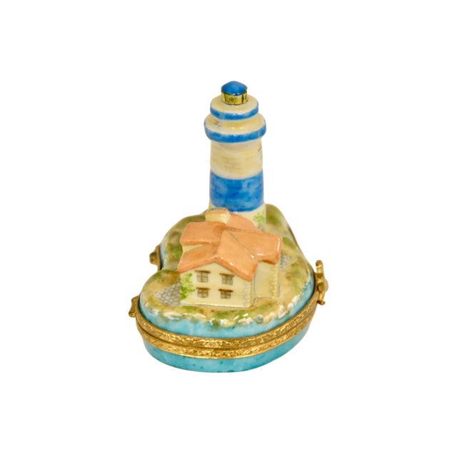 Vintage Limoges of France trinket accent box designed as a coastal nautical seaside cottage and lighthouse hand painted in...