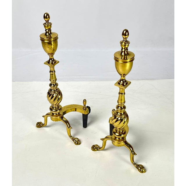 Brass Pair of Vintage Brass Urn & Spiral Federal Style Flame Top Andirons – Claw & Ball Feet For Sale - Image 8 of 13