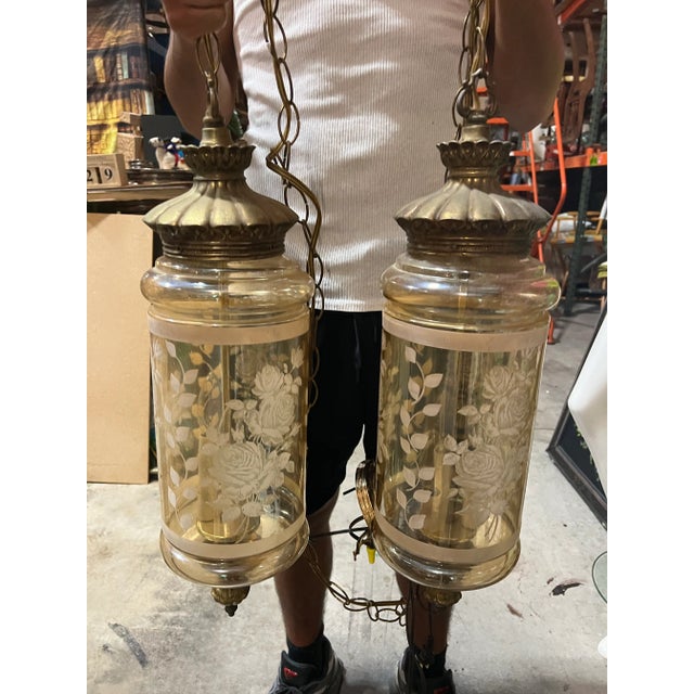 Pair of 1970s Glass Pendant Lights With Floral and Brass Accents For Sale - Image 9 of 12