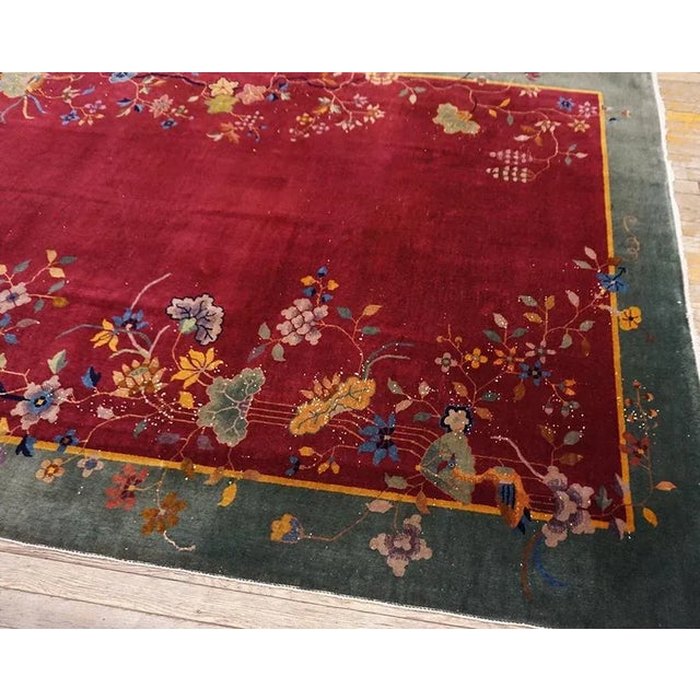 1920s Raspberry Red Floral Antique Chinese Art Deco Carpet 6' X 8'8'' Knotted Wool Rug For Sale - Image 9 of 13