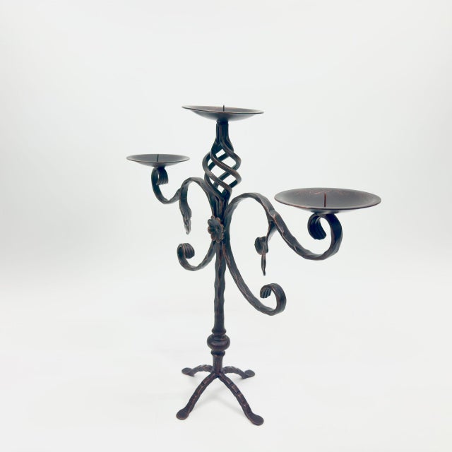 Black Hand Forged Iron Candelabra 19.5″ (49cm) Antique Copper Finish Grand Estate Wide-Arm Centerpiece For Sale - Image 8 of 8