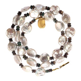 Silvery Coin Pearls and Black Opal Necklace June Birthstone For Sale