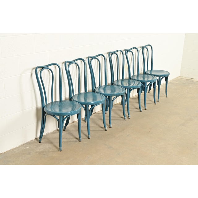 Jacob & Josef Kohn Jacob & Josef Kohn Antique Austrian Teal Lacquered Bentwood Bistro Chairs or Dining Chairs, Set of Six For Sale - Image 4 of 14