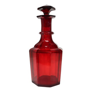 Antique 19th Century English Faceted Ruby Red Cut Glass Wine Decanter For Sale