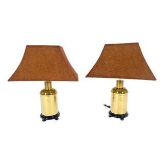 Pair of Asian Style c1070s Cylinder Shape Base Table Lamps Wooden Feet MINT! For Sale
