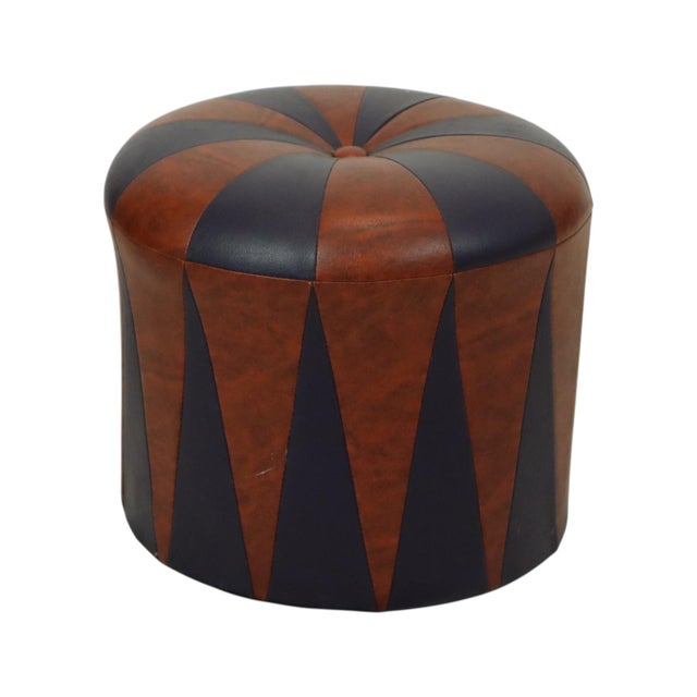 Cool vintage round pouf in patchwork style, made from a wooden base and upholstered in high-quality two-tone purple and...