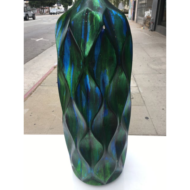 Pair of Tall Mid-Century Iridescent Ceramic Table Lamps – Blue & Green Glaze With Custom Shades For Sale - Image 4 of 12