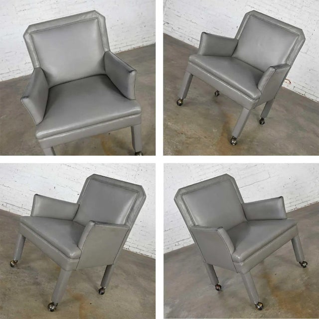 Modern Gray Faux Leather Modified Parsons Style Armed Accent Chair on Casters For Sale - Image 9 of 17