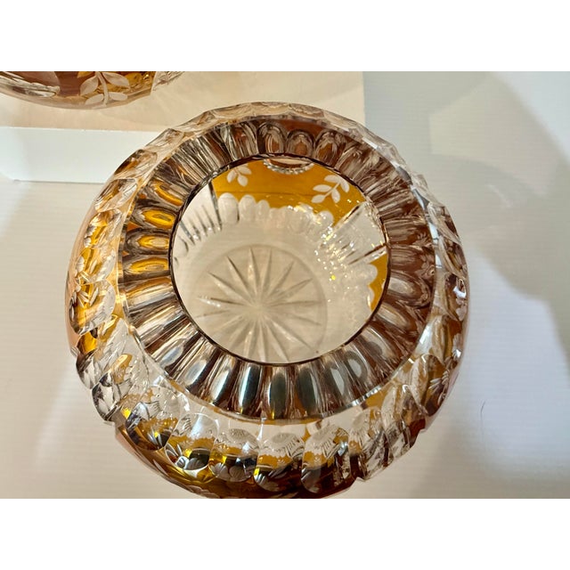 Pair of Vintage Huta Julia Poland Amber Cut-to-Clear Crystal Orb Bowls For Sale - Image 9 of 12