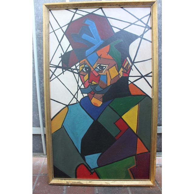 "Man in Hat" Contemporary Cubist Style Figurative Acrylic Painting Framed For Sale - Image 6 of 6