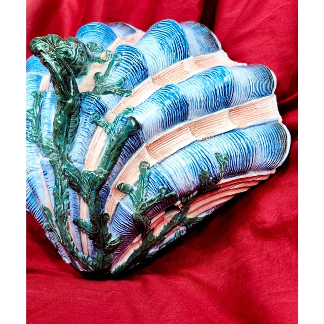 Cornflower Blue Etruscan Pottery Shell & Seaweed 37" Circumference Italian Seashell Majolica 2Oth Century For Sale - Image 8 of 18