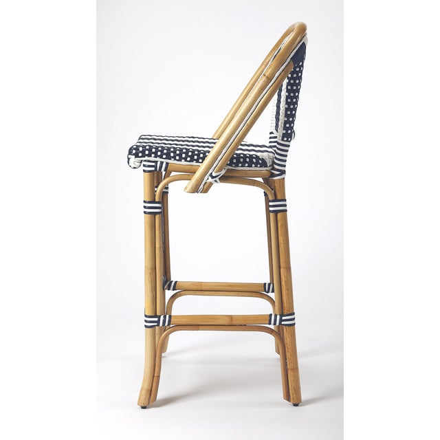 Lila Rattan 28 in. Seat Height Bar Stool with Back and Footrest, White/Navy Stripe/ Natural Rattan Frame For Sale In Chicago - Image 6 of 10