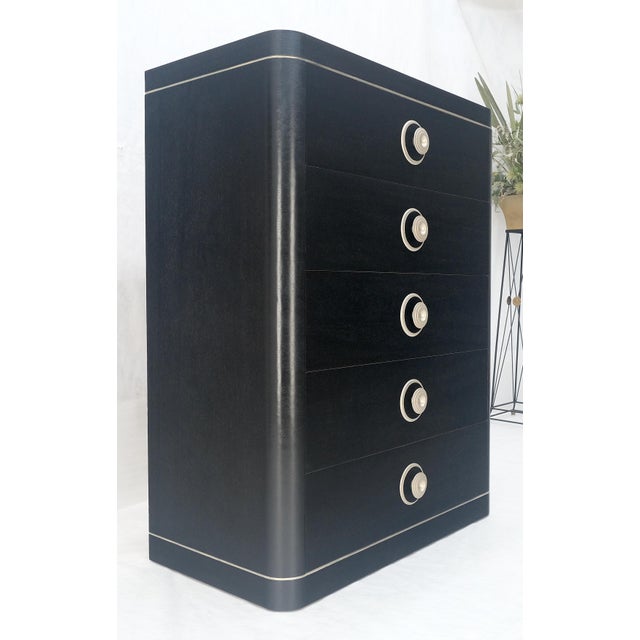 Late 20th Century Black Lacquer & Silver 5 Drawers Art Deco Tall Chest Dresser MINT For Sale - Image 5 of 18
