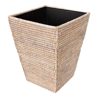 Artifacts Rattan Square Tapered Waste Basket with Metal Liner in White Wash For Sale