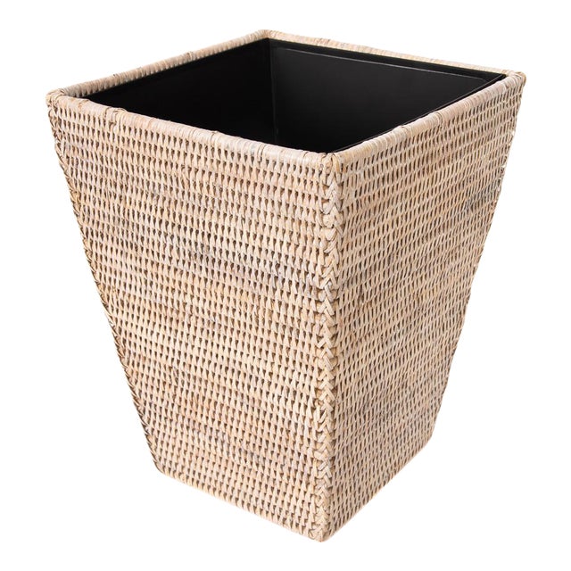 Artifacts Rattan Square Tapered Waste Basket with Metal Liner in White Wash For Sale