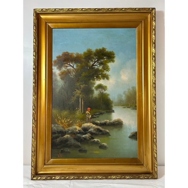 Pair of late 19th Century Italian vertical landscapes oil paintings. Lovely late Romantic Pastoral scenes with soft...