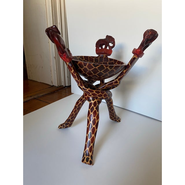 Vintage African Tribal Unity Sculpture Bowl Holder Handcarved Wooden Stand Good pre-owned condition. Dimensions: stand...