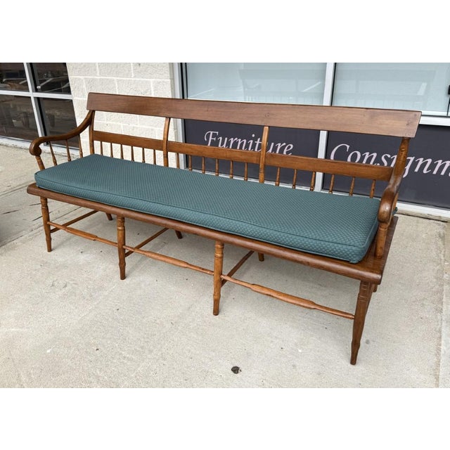 Antique Spindle-Back Bench With Cushion For Sale - Image 4 of 12