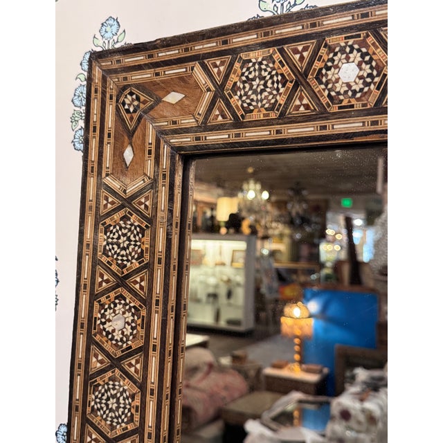 1940s Vintage Marquetry Wood Inlay Mirror With Mother-of-Pearl Accents For Sale - Image 5 of 6