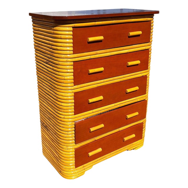 1930s Restored Paul Frankl Style Stacked Rattan & Mahogany Art Deco Highboy Dresser For Sale