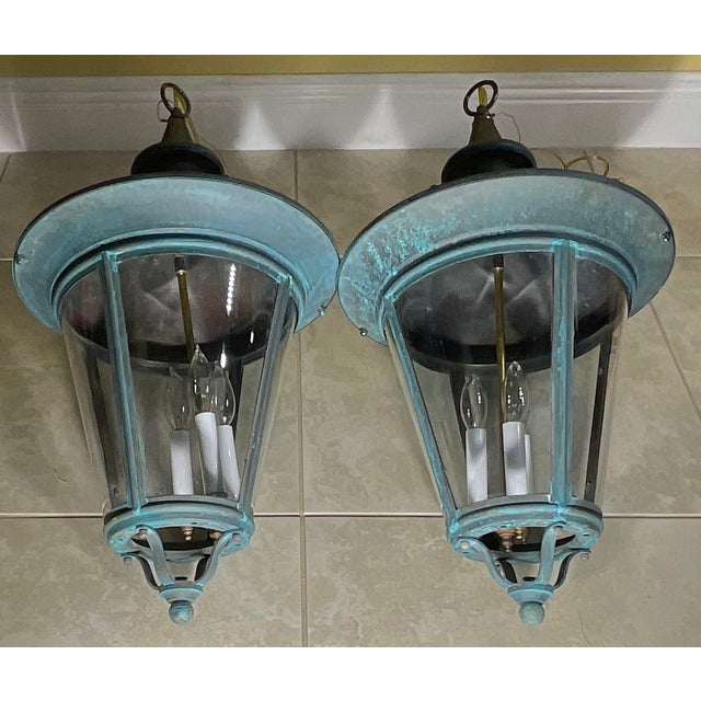 Timeless Elegance: Pair of Antique Verdigris Brass Hanging Lanterns-26”h X 15”w For Sale In Miami - Image 6 of 12